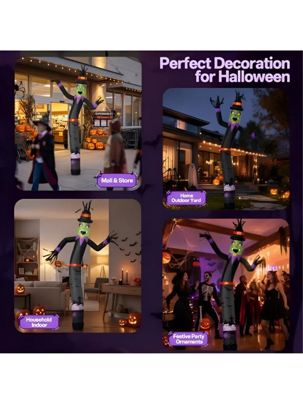 Halloween Witch Inflatable Tube Man 6ft,with 45W Blower+Green Spotlight